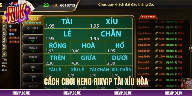 Cách chơi Keno Rikvip tài xỉu hòa